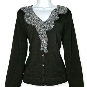 NWOT August Silk black leopard print ruffle cardigan Womens Large